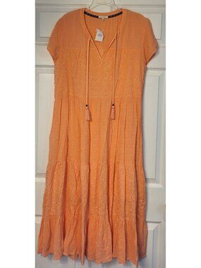 Kate and Sam Orange Boho Eyelet Lace Front Tassel Tiered V-neck Maxi Dress Large